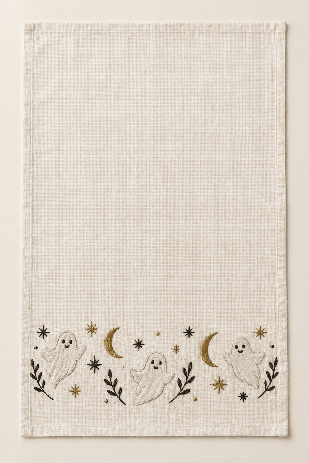 Moonlit Ghost Kitchen Towel in ivory, charcoal and muted gold — design visualization