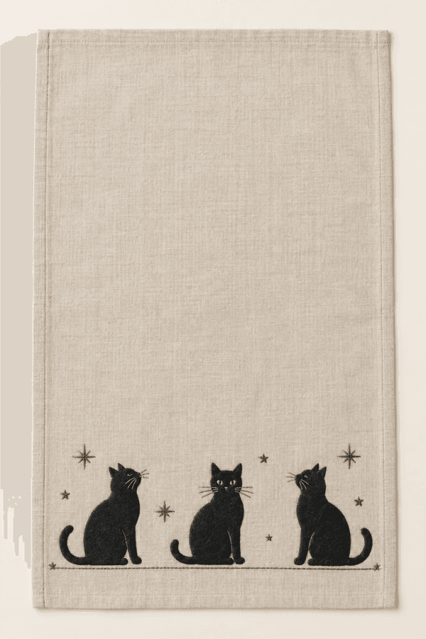 Midnight Cat Kitchen Towel in oatmeal and charcoal — design visualization