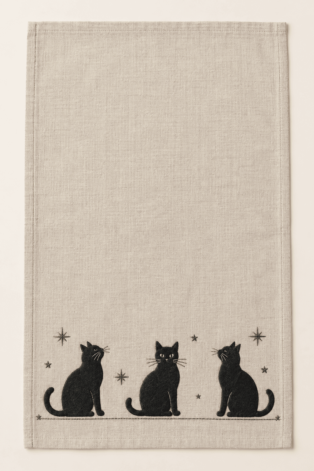 Midnight Cat Kitchen Towel in oatmeal and charcoal — design visualization