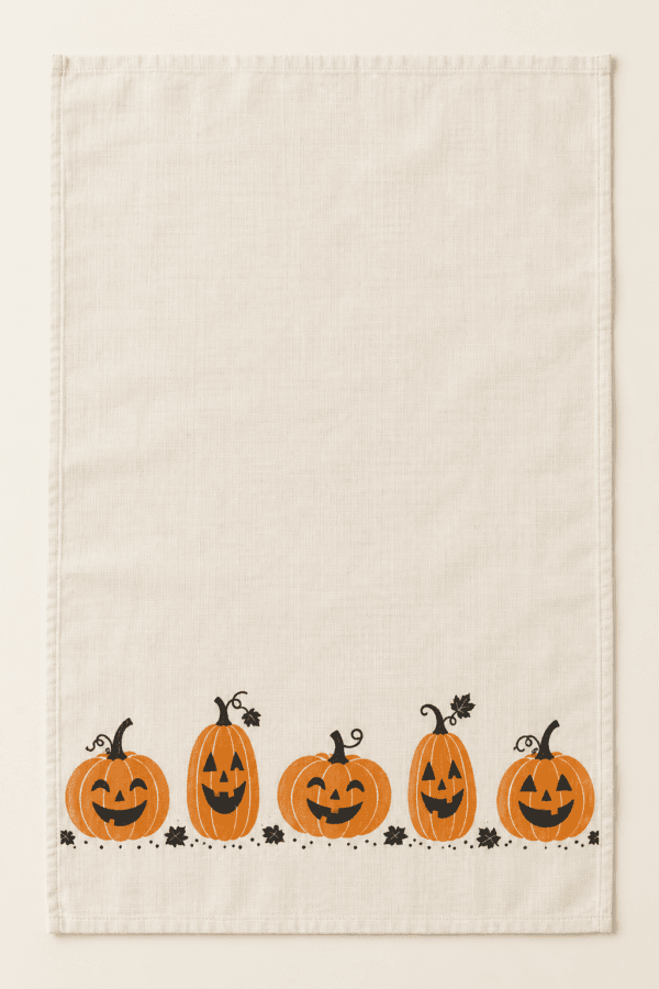 Pumpkin Parade Kitchen Towel in ivory, amber and black — design visualization