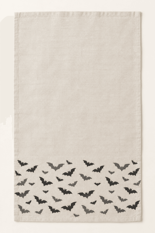 Twilight Bats Kitchen Towel in warm grey, black and ivory — design visualization