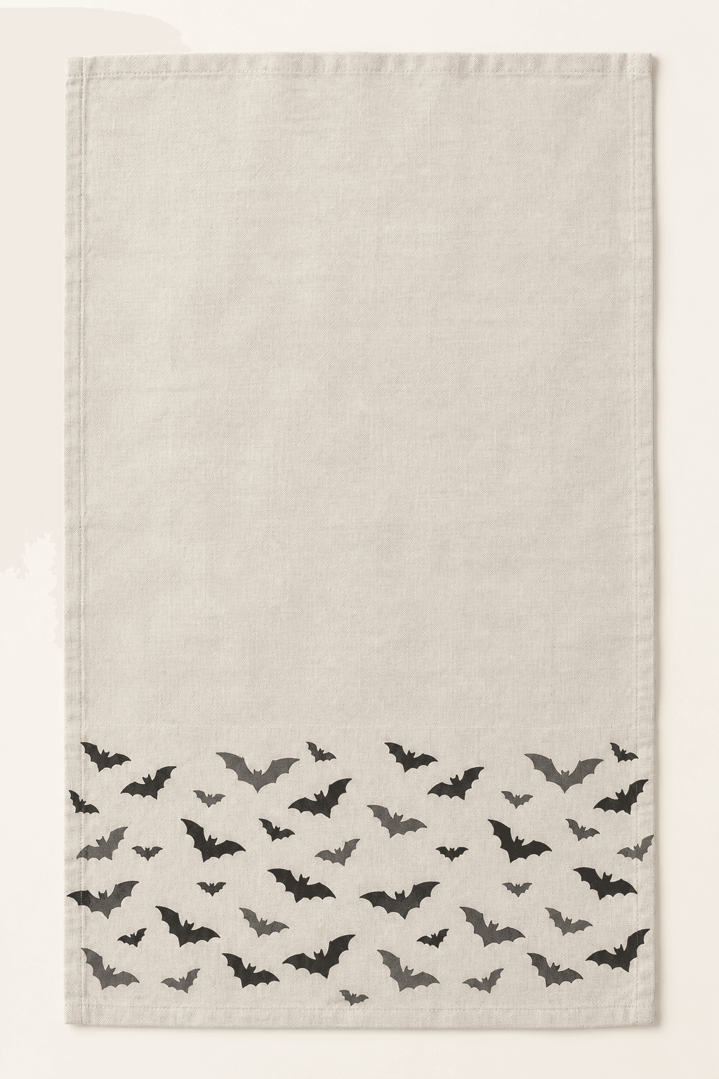 Twilight Bats Kitchen Towel in warm grey, black and ivory — design visualization