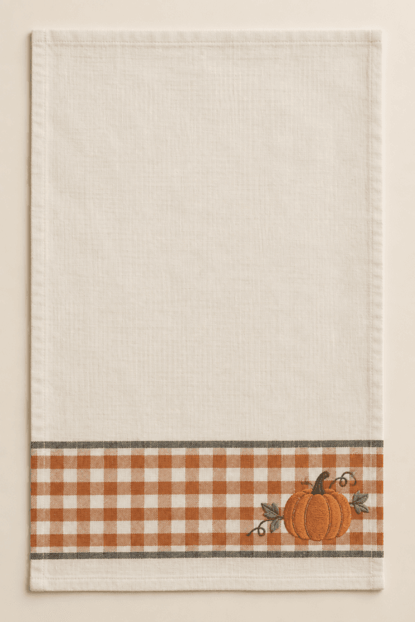 October Gingham Kitchen Towel in cream, muted orange and charcoal — design visualization