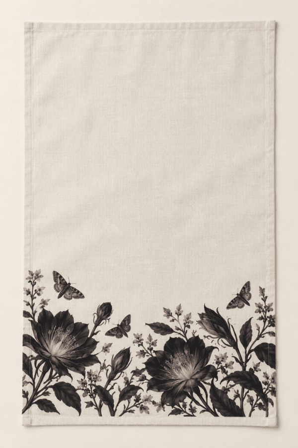 Gothic Garden Kitchen Towel in black, muted mauve and ivory — design visualization