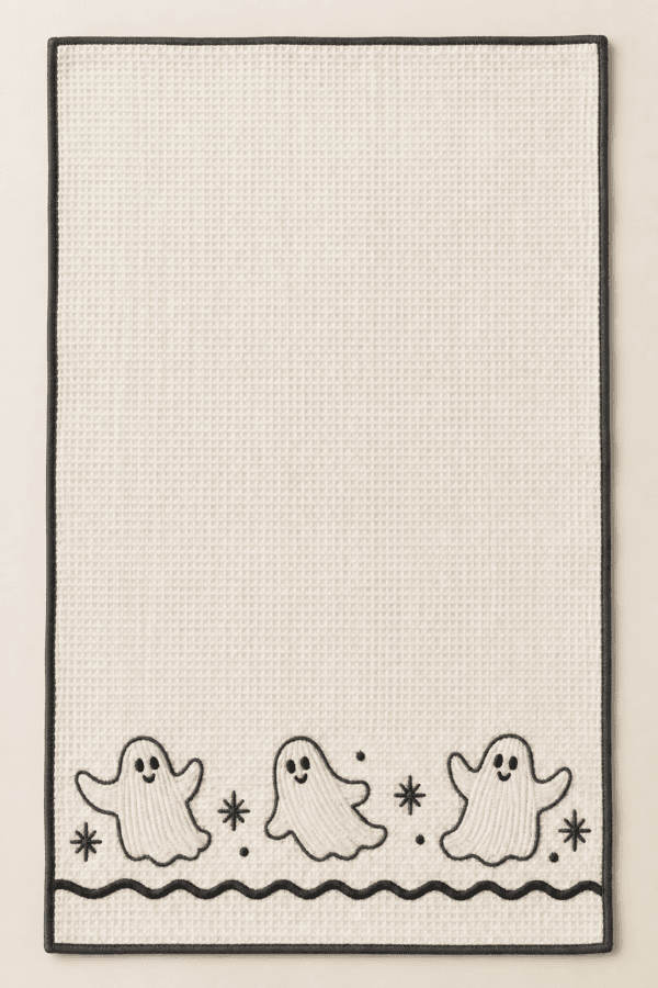 Ghost Scallop Kitchen Towel in cream and charcoal — design visualization