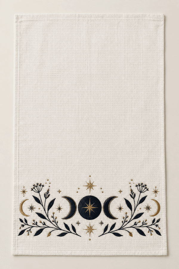 Celestial Witching Kitchen Towel in ink, antique gold and warm white — design visualization