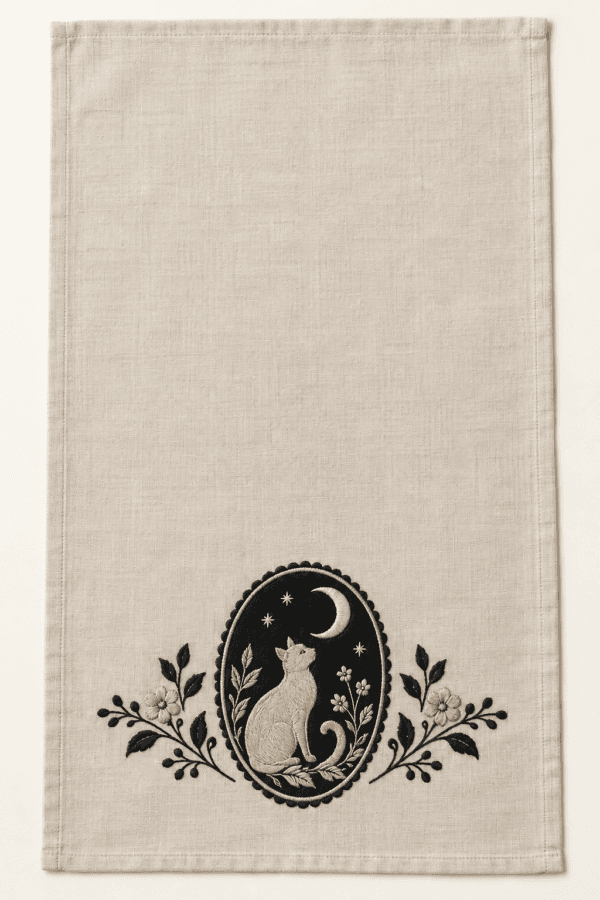 Moon Garden Cameo Kitchen Towel in oatmeal and black — design visualization