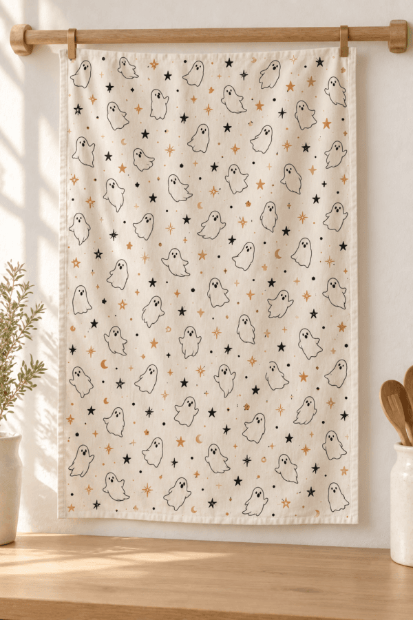 Ghost Parade — Kitchen Towels in ink black, cream, faded apricot in a styled setting — design visualization