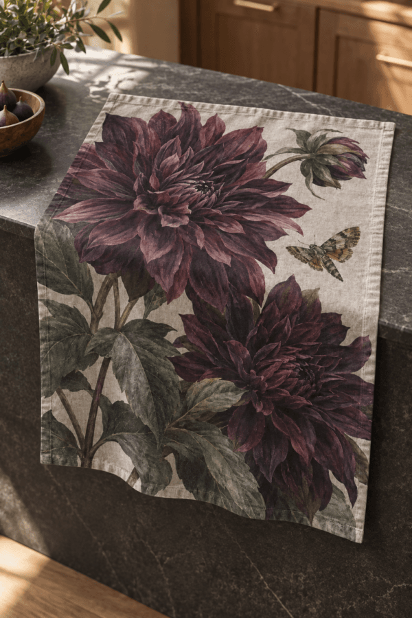 The Midnight Garden — Kitchen Towels in aubergine, charcoal, moss, stone in a styled setting — design visualization