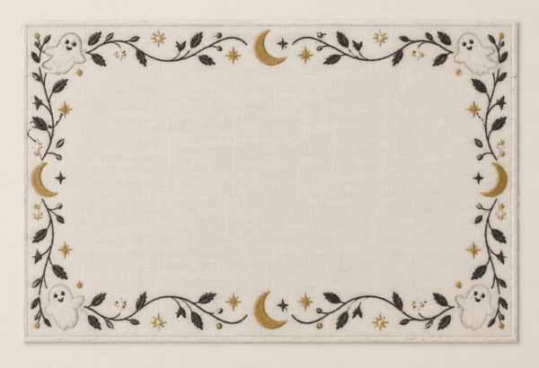 Moonlit Ghost Placemat in ivory, charcoal and muted gold — design visualization