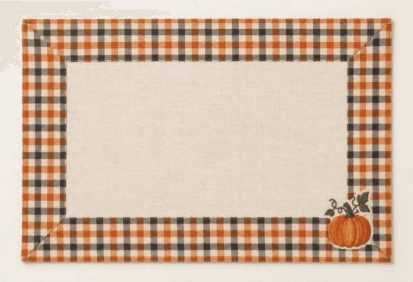 October Gingham Placemat in cream, muted orange and charcoal — design visualization
