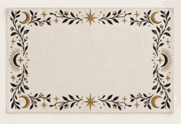Celestial Witching Placemat in ink, antique gold and warm white — design visualization