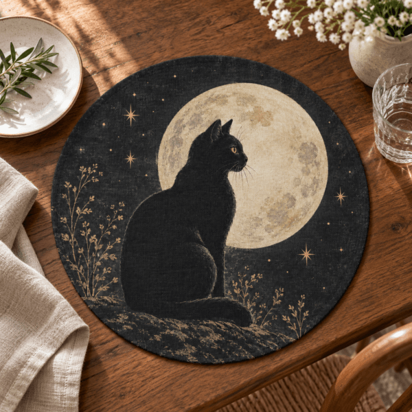 Moonlit Cat — Placemats in charcoal, warm ivory, dull gold in a styled setting — design visualization