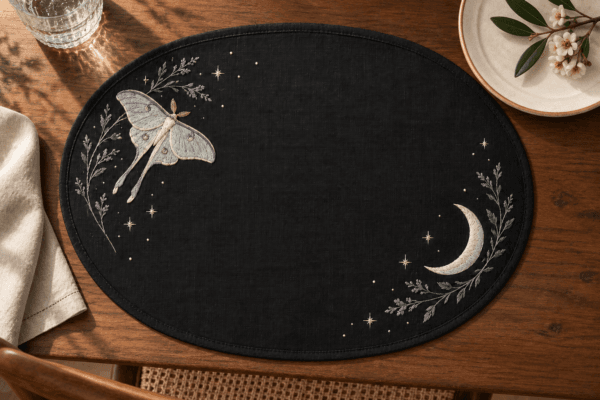 Moth & Moon — Placemats in black, parchment, muted violet in a styled setting — design visualization