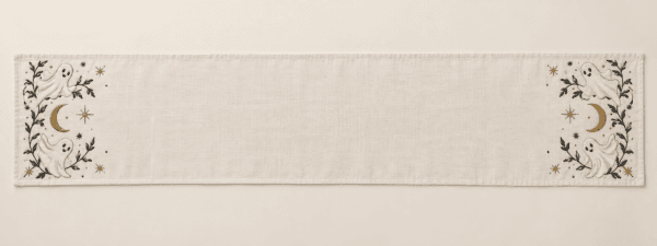 Moonlit Ghost Table Runner in ivory, charcoal and muted gold — design visualization