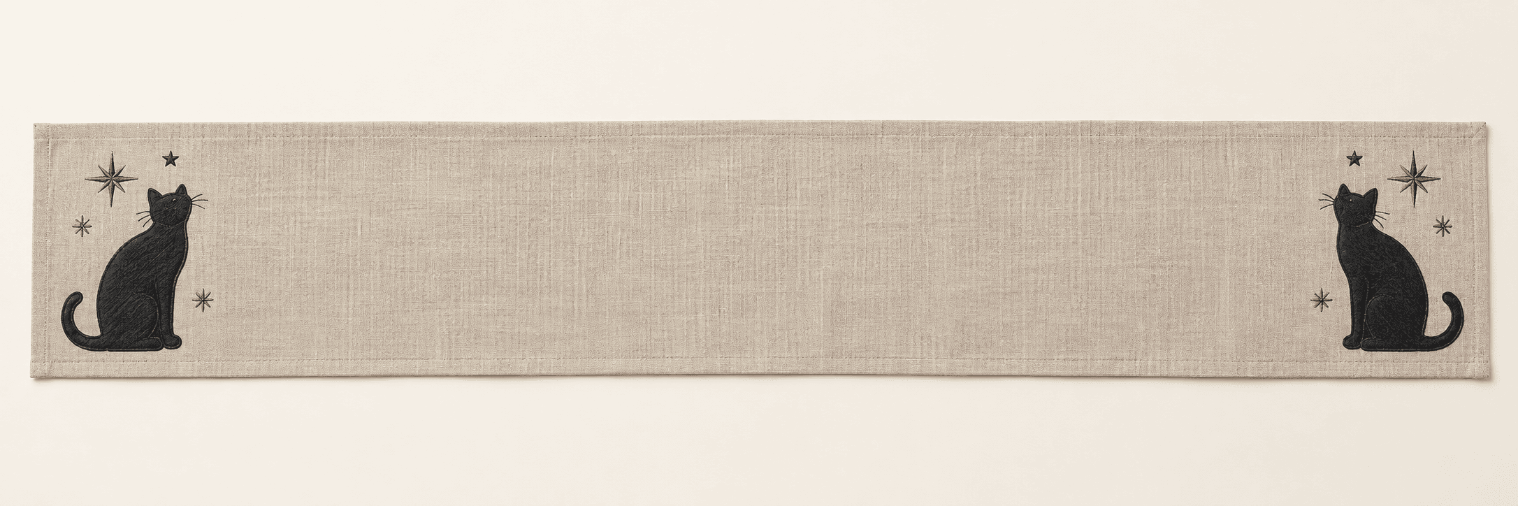 Midnight Cat Table Runner in oatmeal and charcoal — design visualization