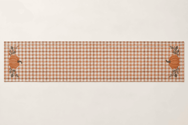 October Gingham Table Runner in cream, muted orange and charcoal — design visualization