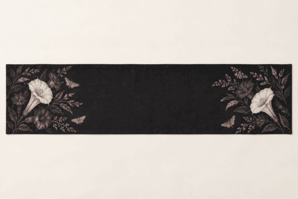 Gothic Garden Table Runner in black, muted mauve and ivory — design visualization