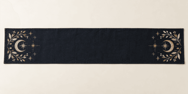 Celestial Witching Table Runner in ink, antique gold and warm white — design visualization
