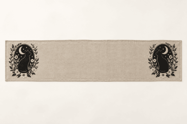 Moon Garden Cameo Table Runner in oatmeal and black — design visualization