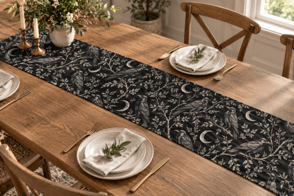 Raven Nocturne — Table Runners in black, bone, muted silver in a styled setting — design visualization