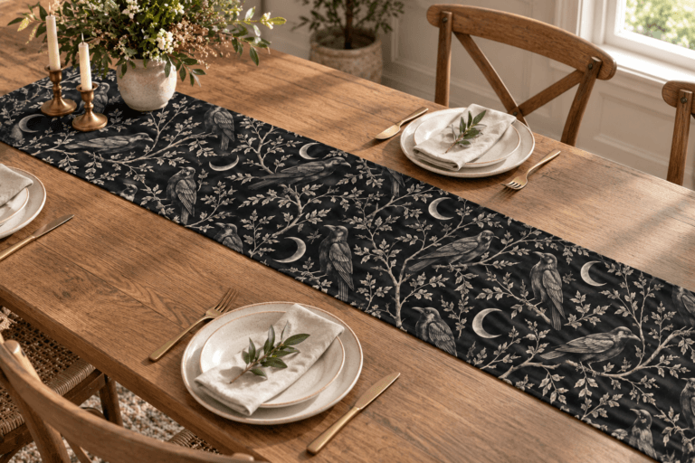 Raven Nocturne — Table Runners in black, bone, muted silver in a styled setting — design visualization