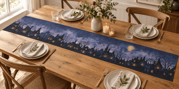 Midnight Village — Table Runners in midnight blue, smoky lavender, ochre in a styled setting — design visualization