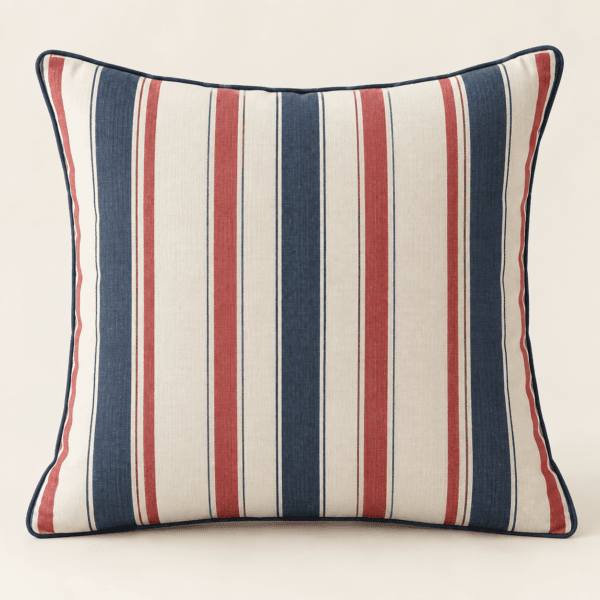 Picnic Stripe Decorative Pillow Cover in cream, navy and faded red — design visualization