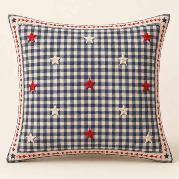 Summer Gingham Decorative Pillow Cover in ivory and navy with red accents — design visualization