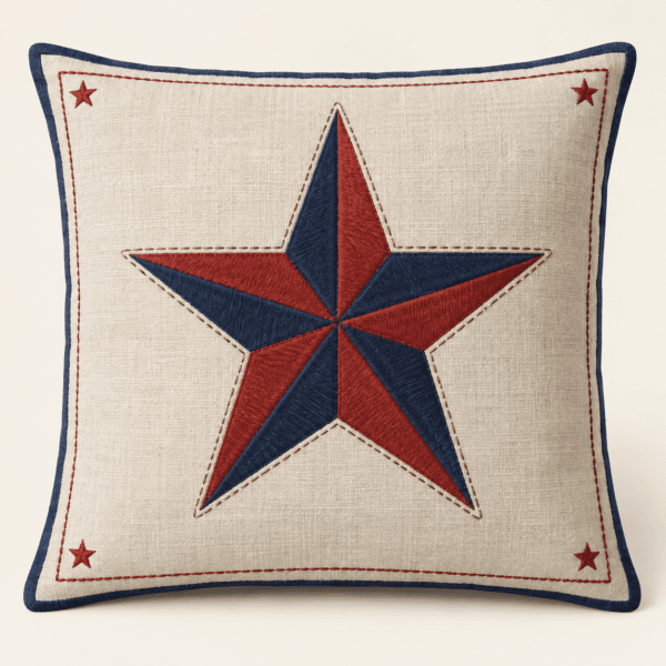 Porch Star Decorative Pillow Cover in flax, navy and brick red — design visualization