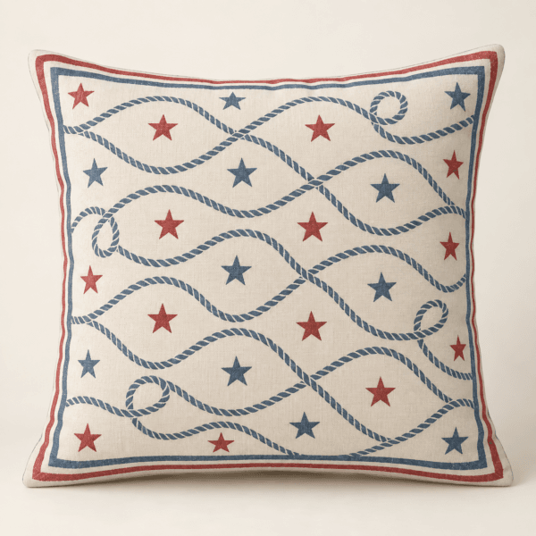 Coastal Americana Decorative Pillow Cover in ivory, faded blue and red — design visualization