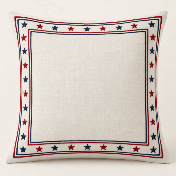 Freedom Border Decorative Pillow Cover in warm white, navy and red — design visualization
