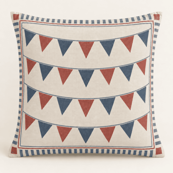 Vintage Pennant Decorative Pillow Cover in cream, dusty blue and brick — design visualization