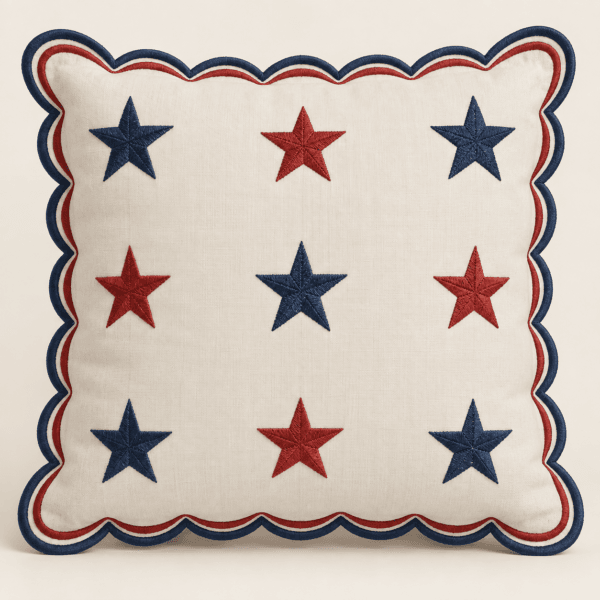 Indigo Scallop Decorative Pillow Cover in ivory and indigo with muted red — design visualization