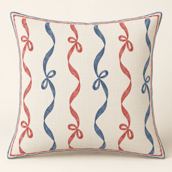 Summer Ribbon Stripe Decorative Pillow Cover in cream, faded red and blue — design visualization