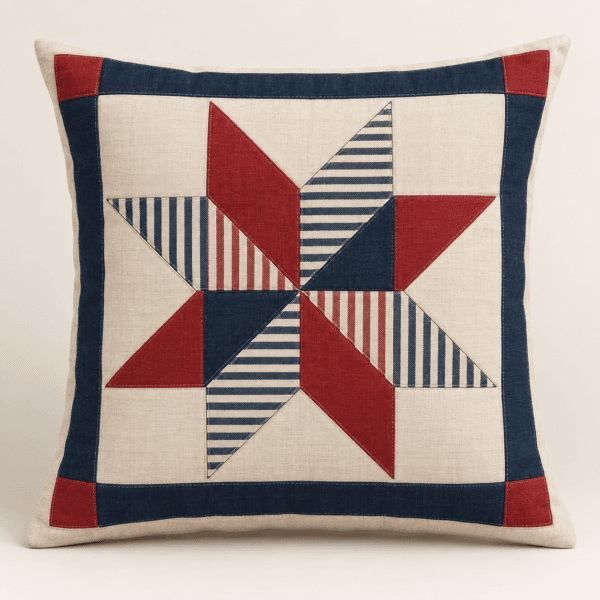 Patchwork Star Decorative Pillow Cover in ivory, navy and muted red — design visualization