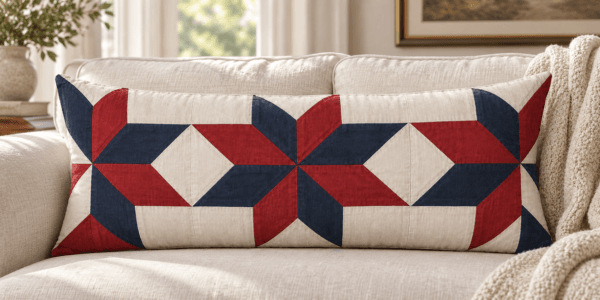Patchwork Horizon — Decorative Pillows in navy, red, cream in a styled setting — design visualization