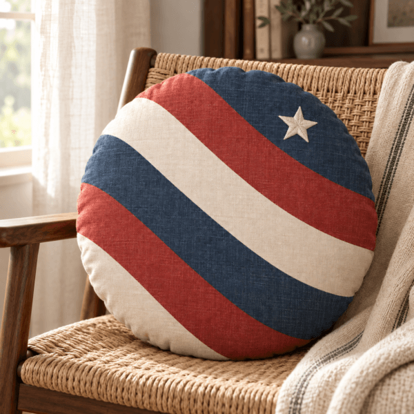 Porch Stripe Round — Decorative Pillows in faded red, indigo, ivory in a styled setting — design visualization