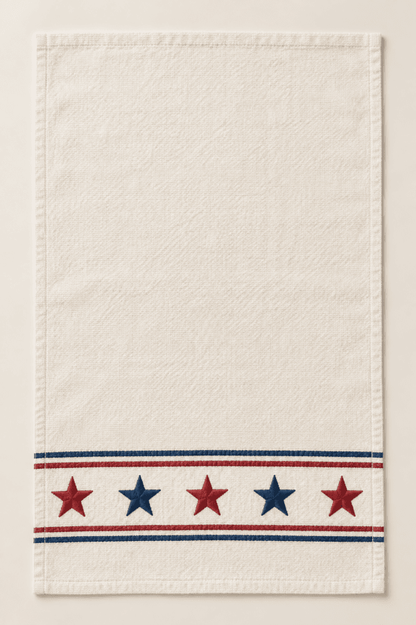 Heritage Stars Kitchen Towel in ivory, muted navy and brick red — design visualization