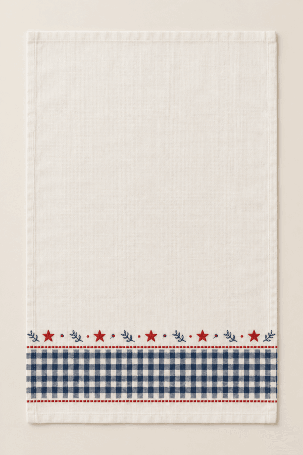 Summer Gingham Kitchen Towel in ivory and navy with red accents — design visualization