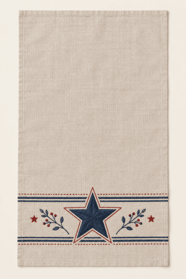 Porch Star Kitchen Towel in flax, navy and brick red — design visualization