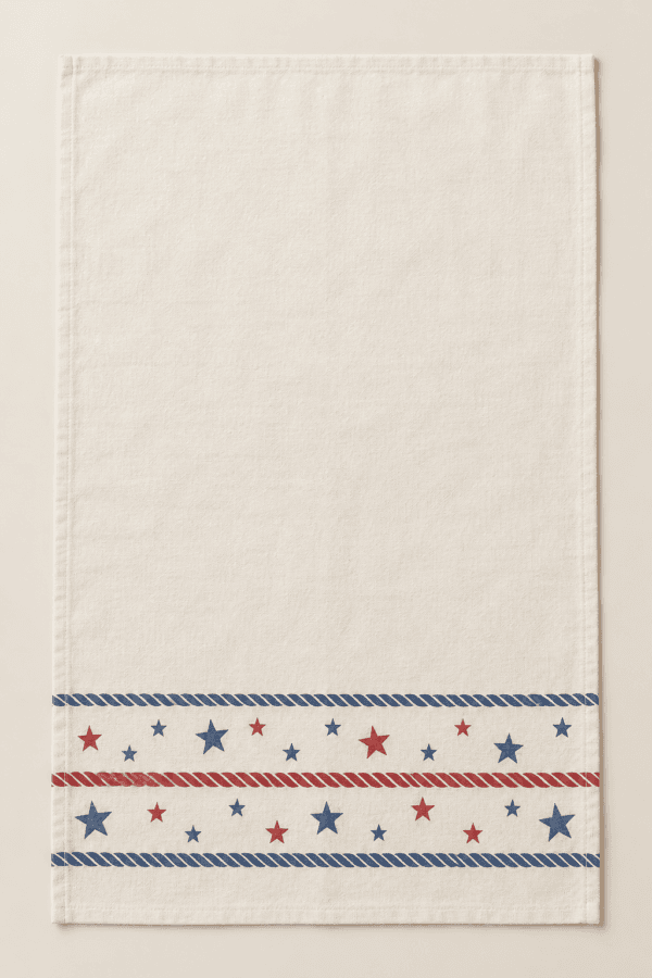 Coastal Americana Kitchen Towel in ivory, faded blue and red — design visualization