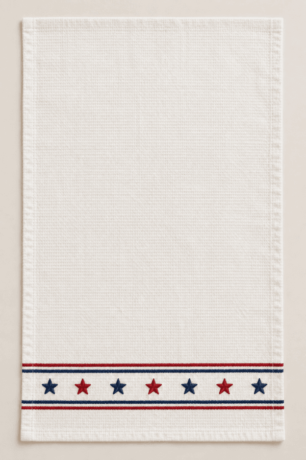 Freedom Border Kitchen Towel in warm white, navy and red — design visualization