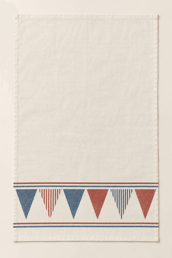Vintage Pennant Kitchen Towel in cream, dusty blue and brick — design visualization