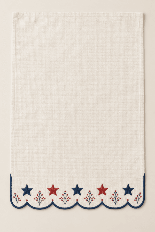 Indigo Scallop Kitchen Towel in ivory and indigo with muted red — design visualization