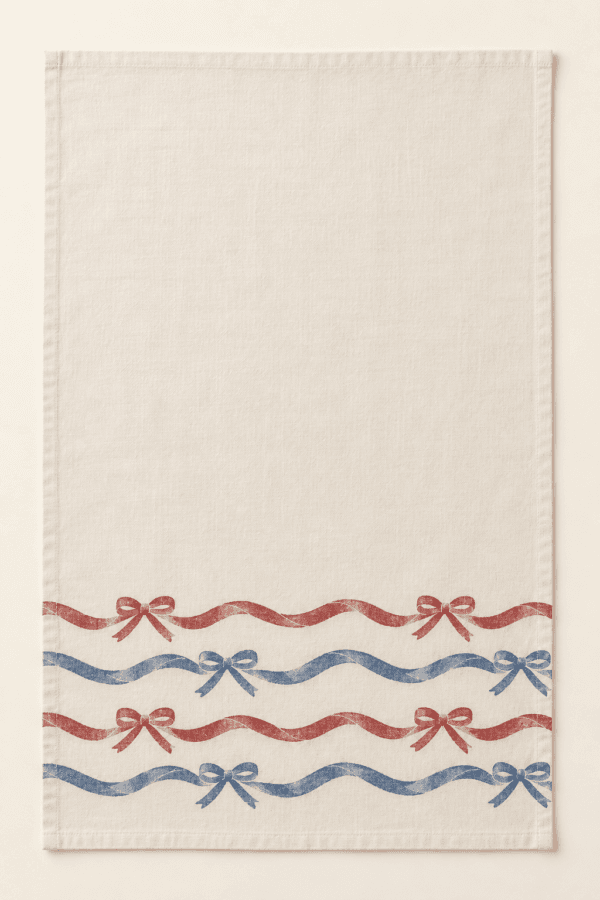 Summer Ribbon Stripe Kitchen Towel in cream, faded red and blue — design visualization