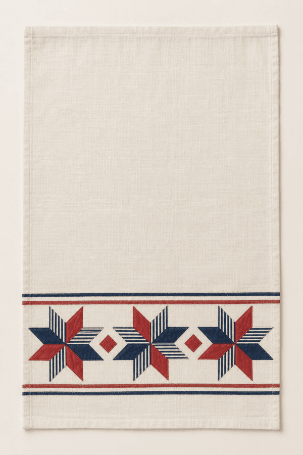 Patchwork Star Kitchen Towel in ivory, navy and muted red — design visualization