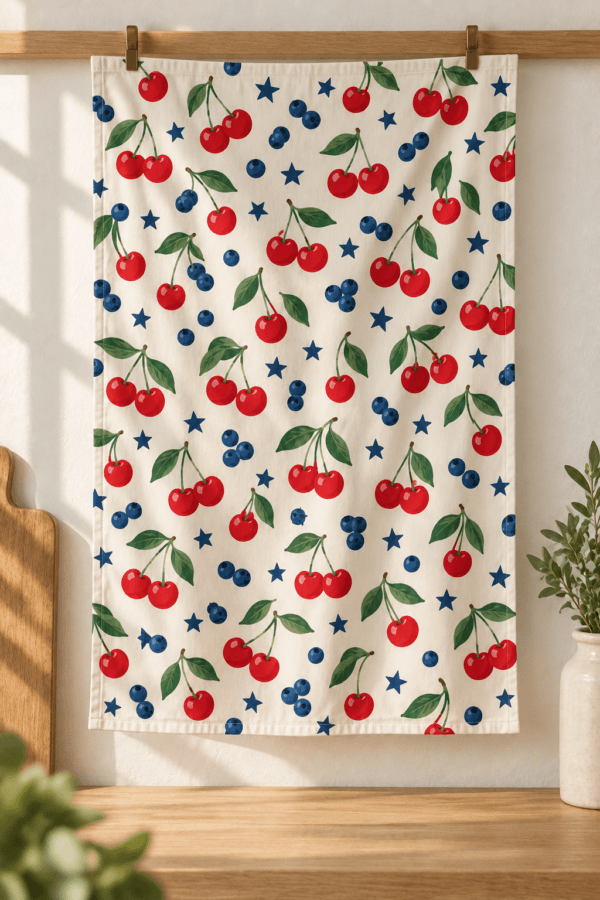 Summer Cherries — Kitchen Towels in red, navy, green, cream in a styled setting — design visualization