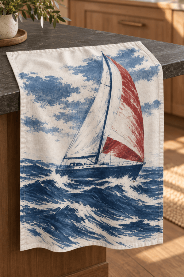 Sailboat Afternoon — Kitchen Towels in indigo, faded red, warm white in a styled setting — design visualization