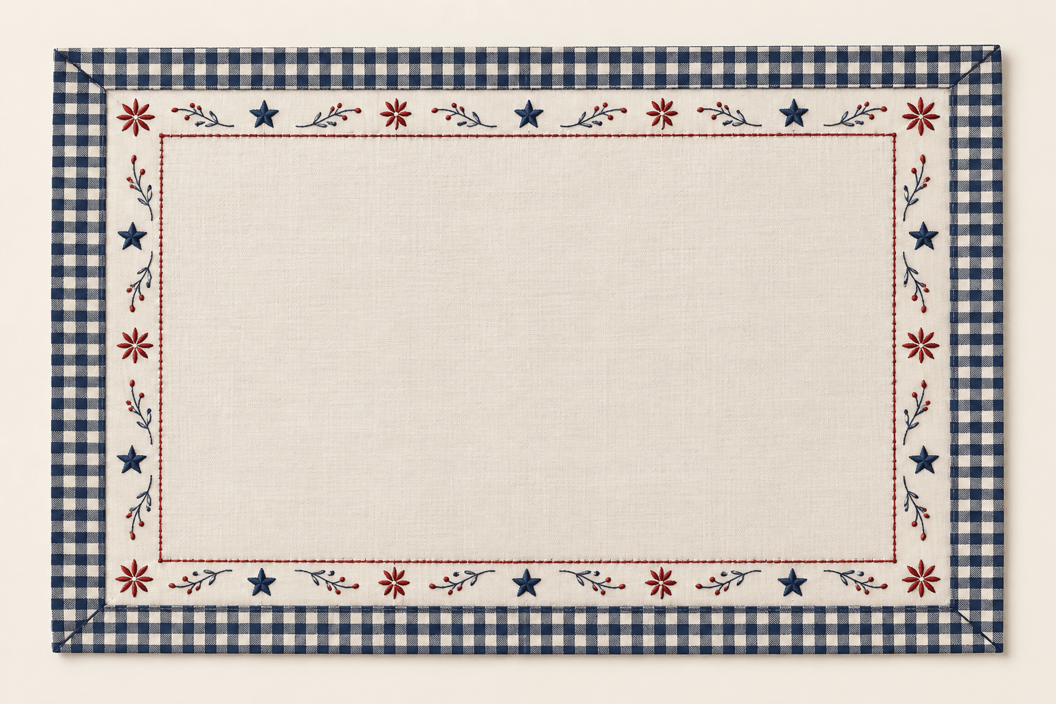 Summer Gingham Placemat in ivory and navy with red accents — design visualization
